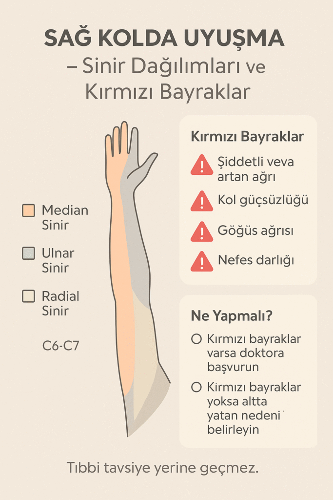 sağ kol uyuşması, Sağ Kolda Uyuşma: Nedenleri, Tehlike Sinyalleri, Hangi Bölüm Bakar, Tanı–Tedavi, Egzersiz ve SSS (2025)